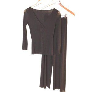 Vintage Women Chocolate Brown Sheer Mesh Two-Piece Luxe Lounge Set Flowy Soft S